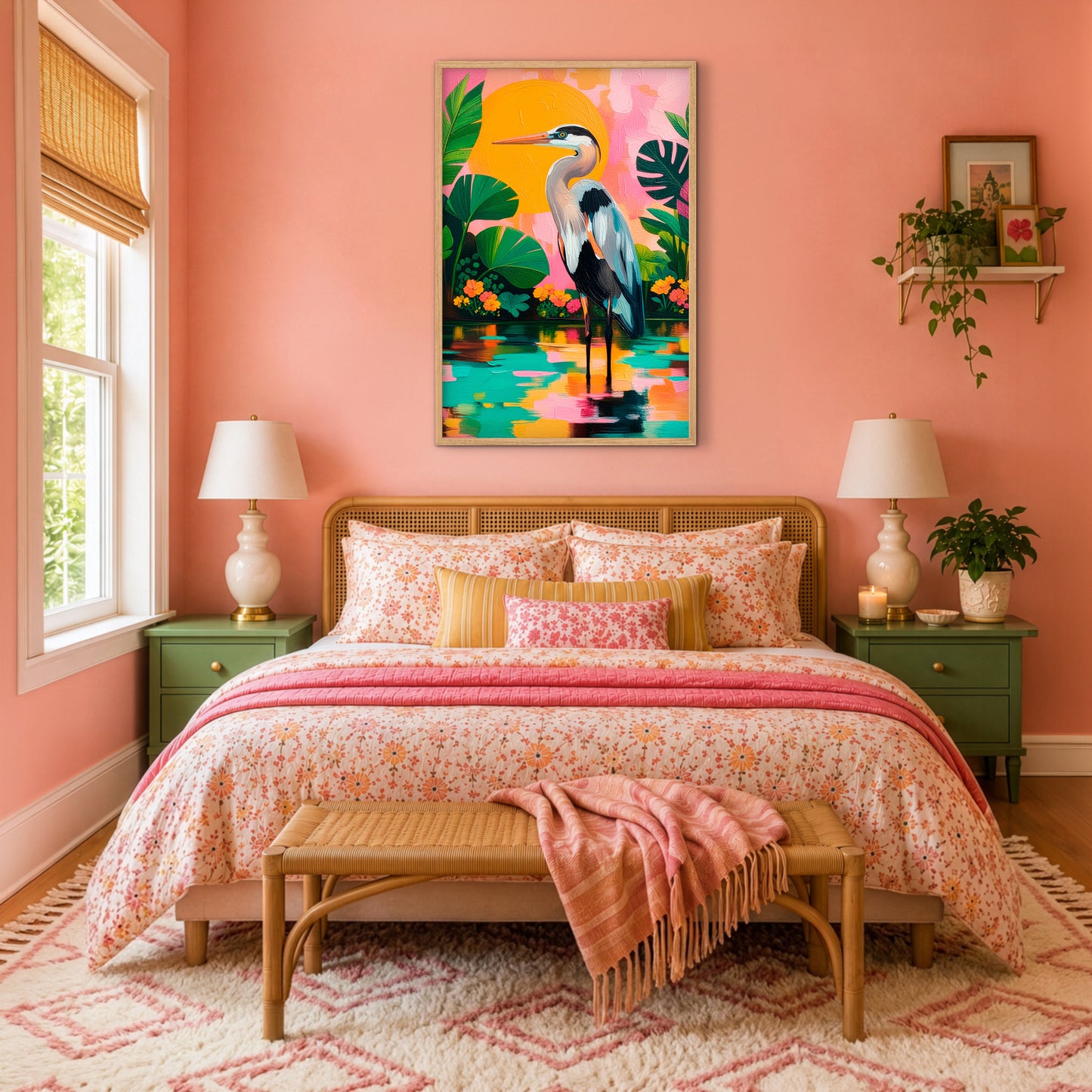 Vibrant heron artwork displayed in a colorful boho bedroom with coral walls and floral bedding