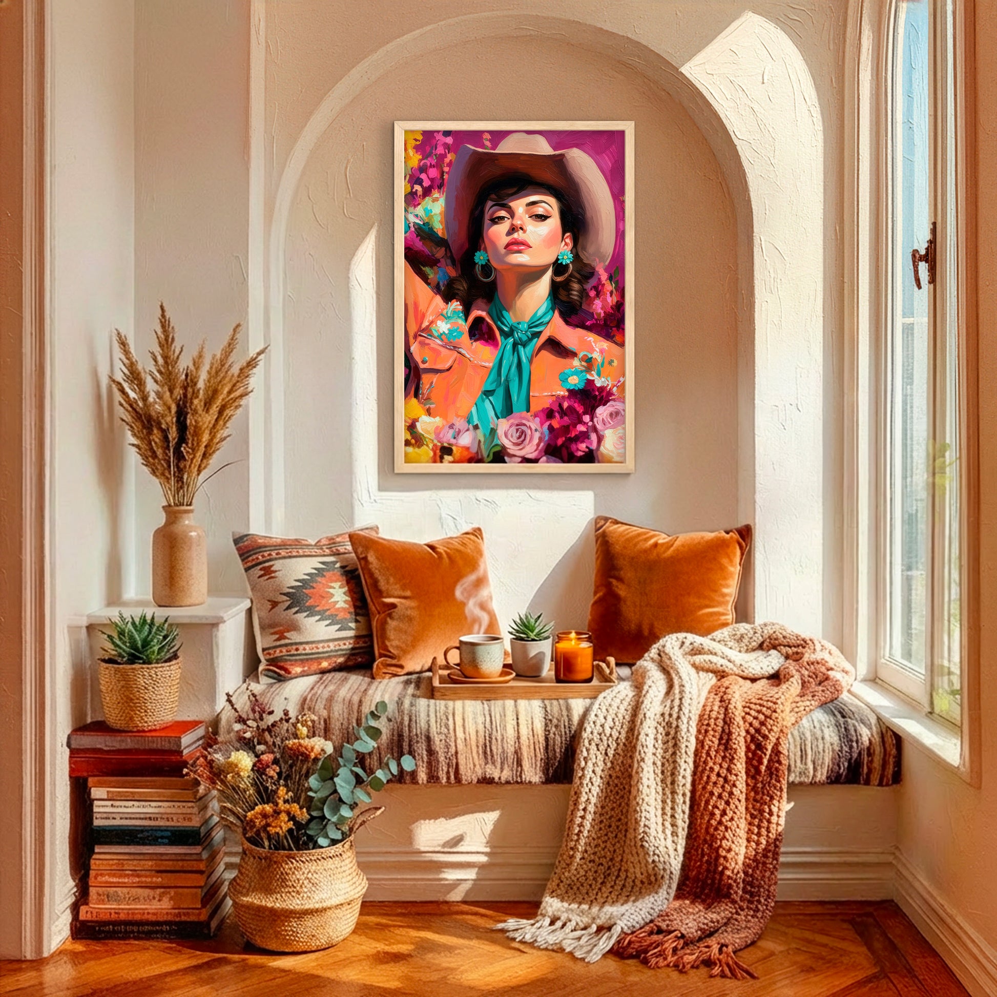 Colorful vintage cowgirl portrait wall art with turquoise accents, styled in a warm boho western reading nook.