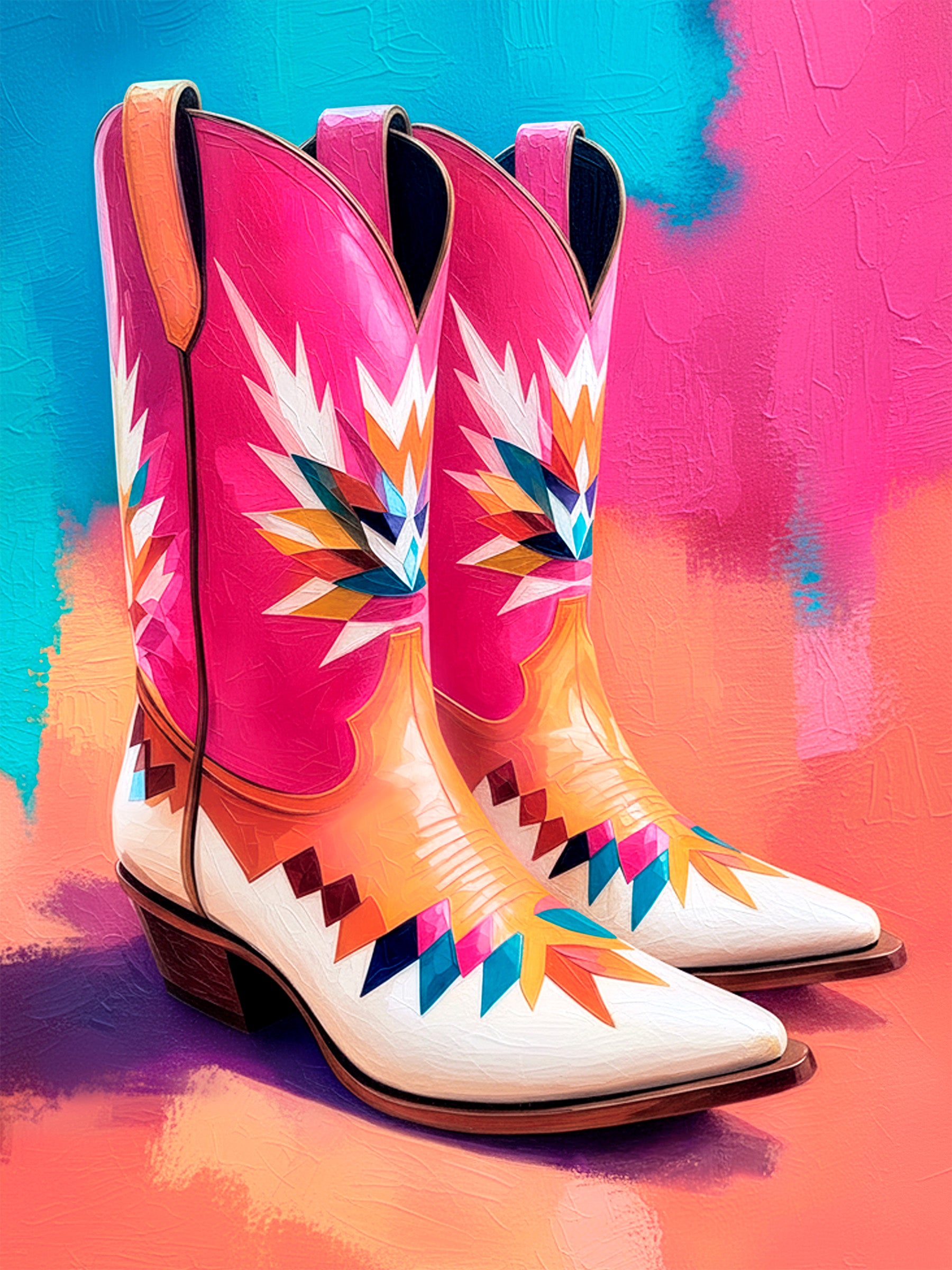 Close-up of Walk Boldly colorful cowboy boots wall art featuring bright pink, turquoise, coral, and Southwestern geometric details