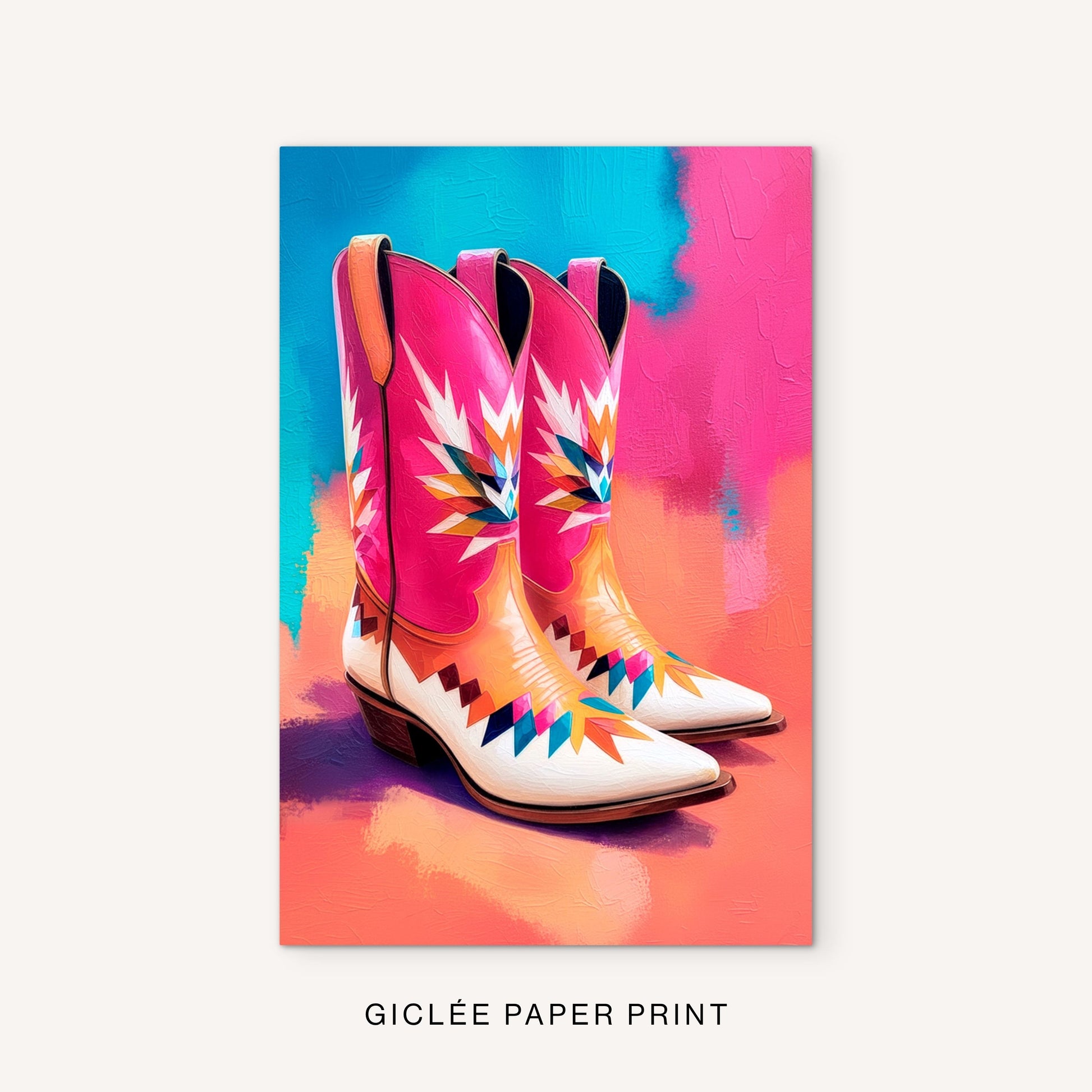 Walk Boldly unframed giclée art print featuring colorful pink and turquoise cowboy boots in a modern Southwestern style