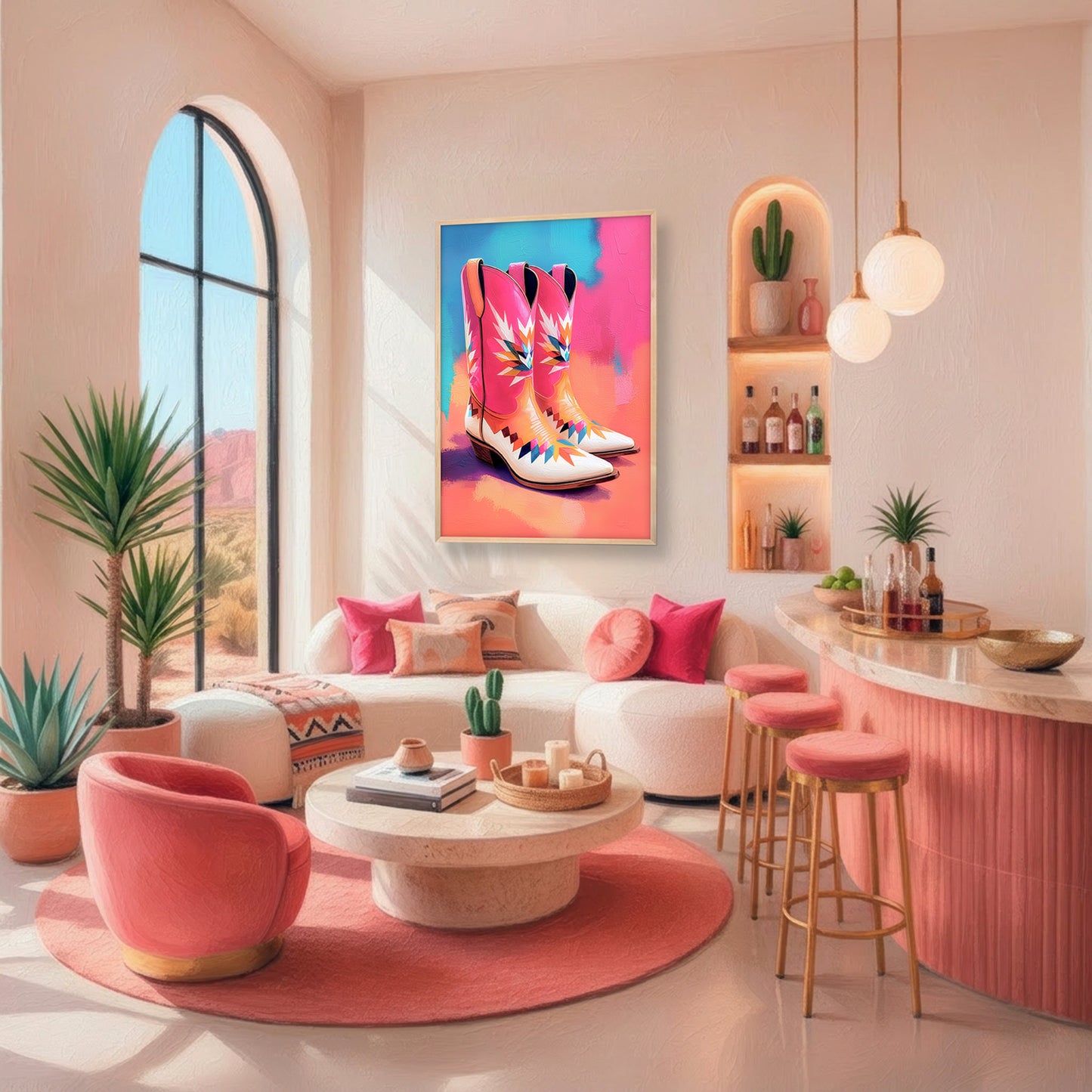 Walk Boldly colorful cowboy boots artwork displayed in a bright pink boho western living room with desert plants and Southwestern decor
