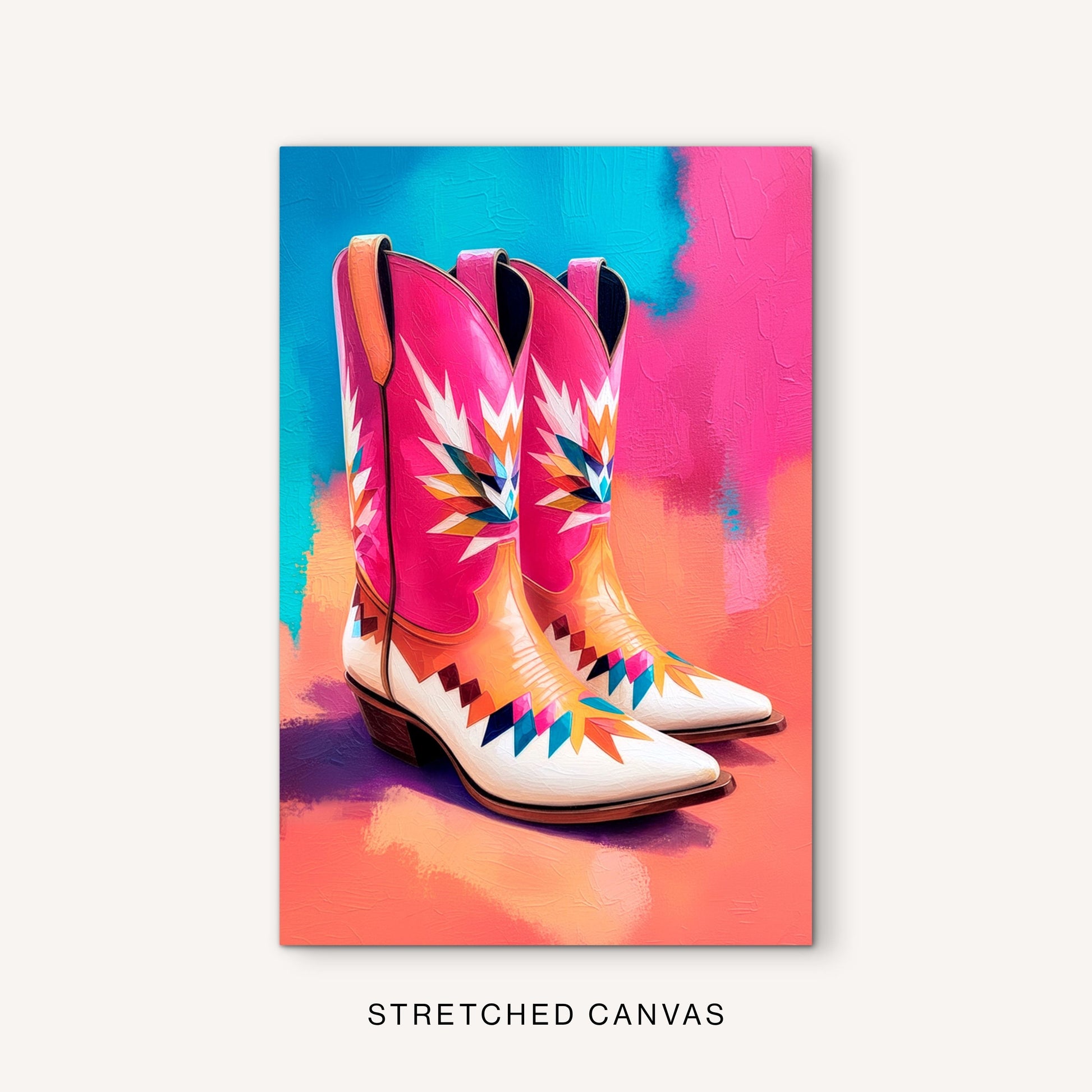 Walk Boldly colorful cowboy boots artwork shown as a ready-to-hang gallery-wrapped canvas print