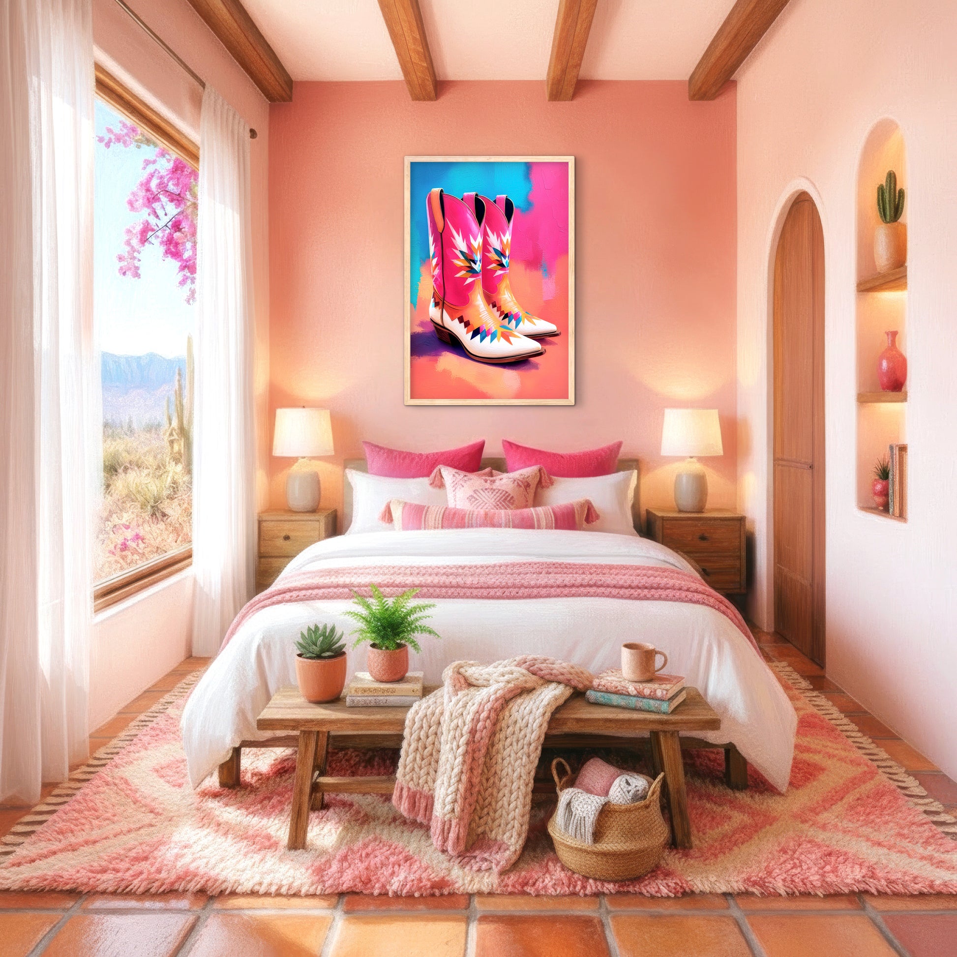 Pink cowboy boots wall art displayed above a bed in a colorful Southwestern bedroom with warm wood and coral accents