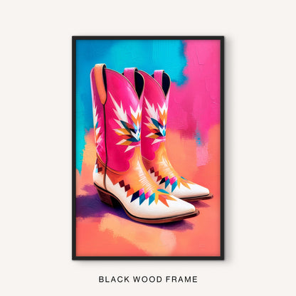 Walk Boldly western cowboy boots print in a black frame with bold pink and turquoise Southwestern colors
