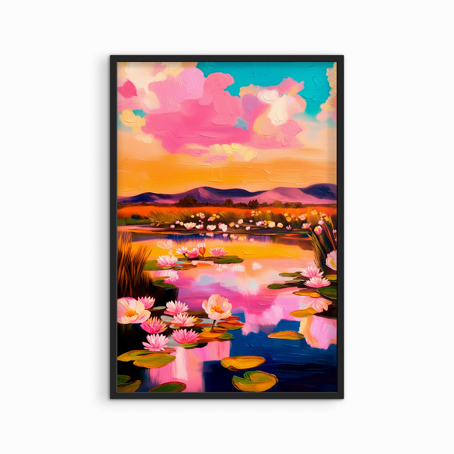 colorful lotus pond wall art in black frame, bold pink sunset landscape decor