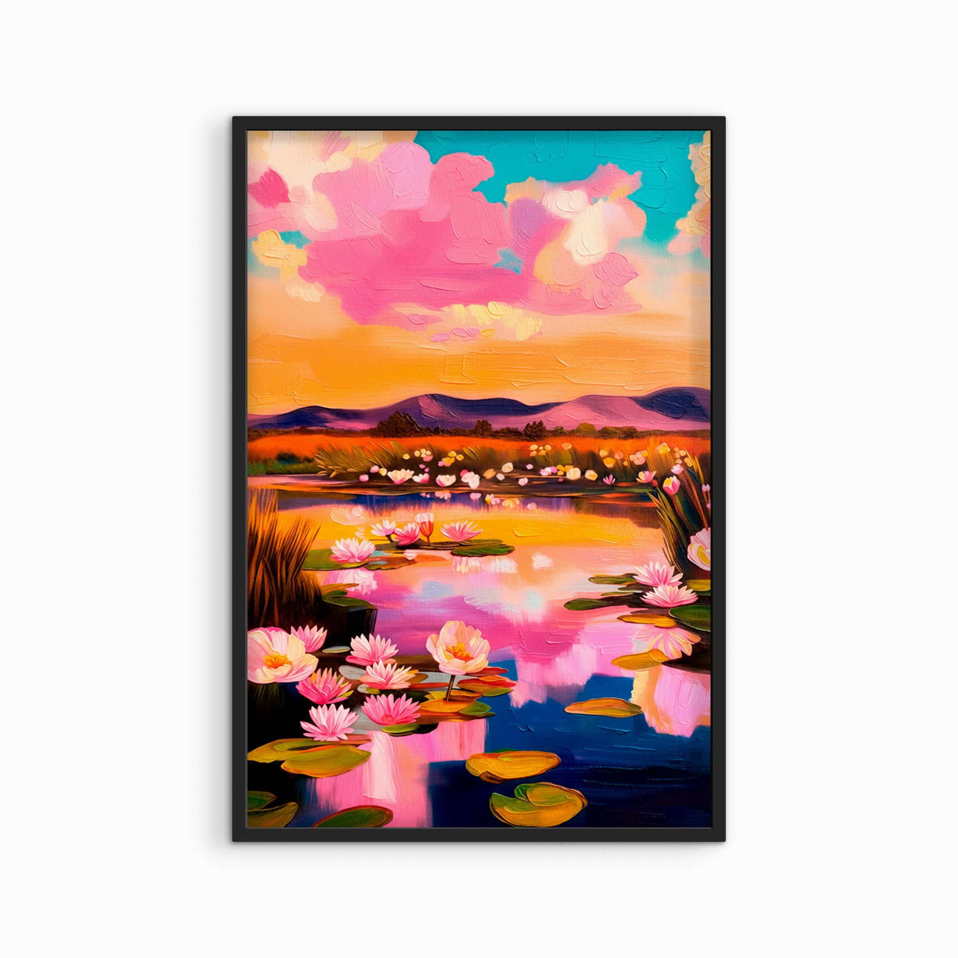 colorful lotus pond wall art in black frame, bold pink sunset landscape decor