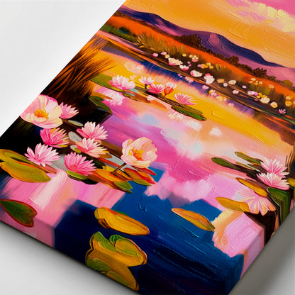 canvas texture closeup of pink water lily painting, detailed brushstroke floral landscape artwork