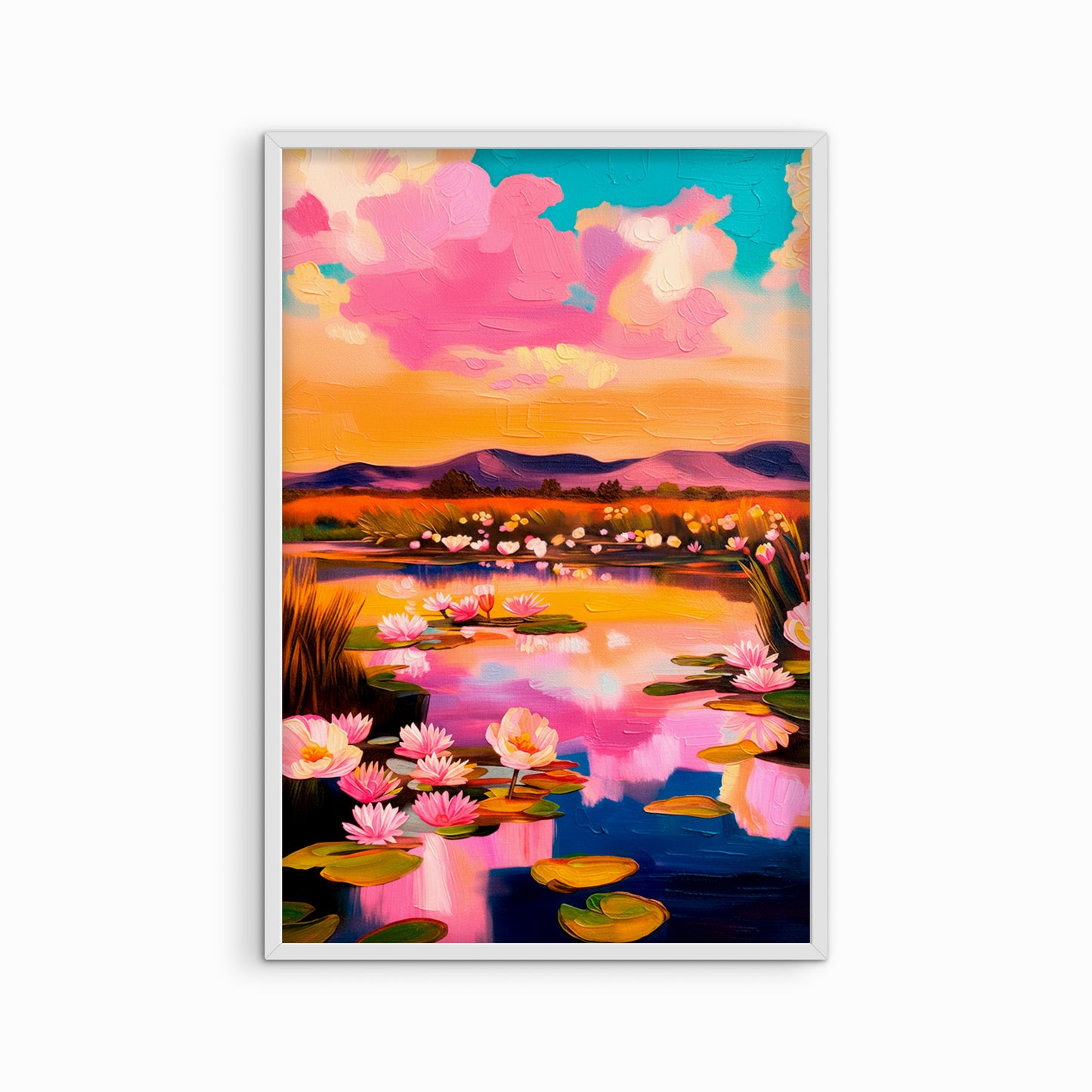 pink floral landscape artwork in white frame, soft feminine water lily wall art