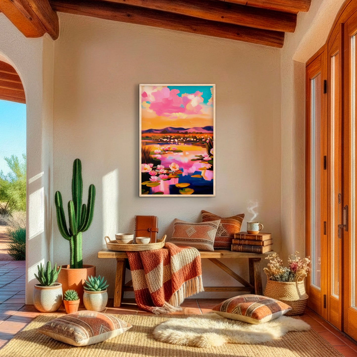 colorful water lily wall art in southwestern style room with cactus, pink sunset landscape print decor
