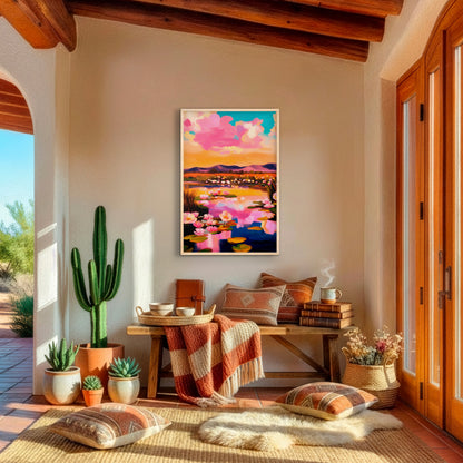 colorful water lily wall art in southwestern style room with cactus, pink sunset landscape print decor