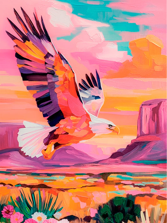 Colorful eagle wall art featuring a vibrant southwestern desert landscape with pink skies and bold western wildlife artwork