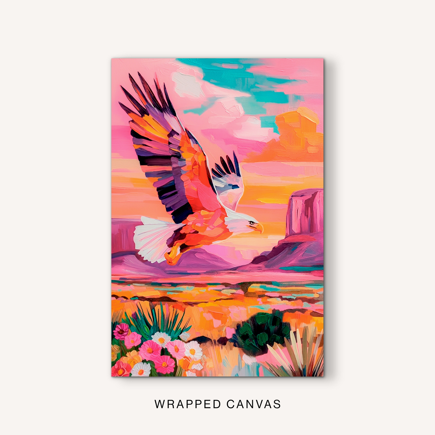 Colorful eagle gallery wrapped canvas on white background with bold pink desert and western wildlife artwork