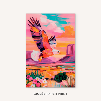 Colorful eagle giclée paper print on white background featuring a vibrant southwestern desert landscape