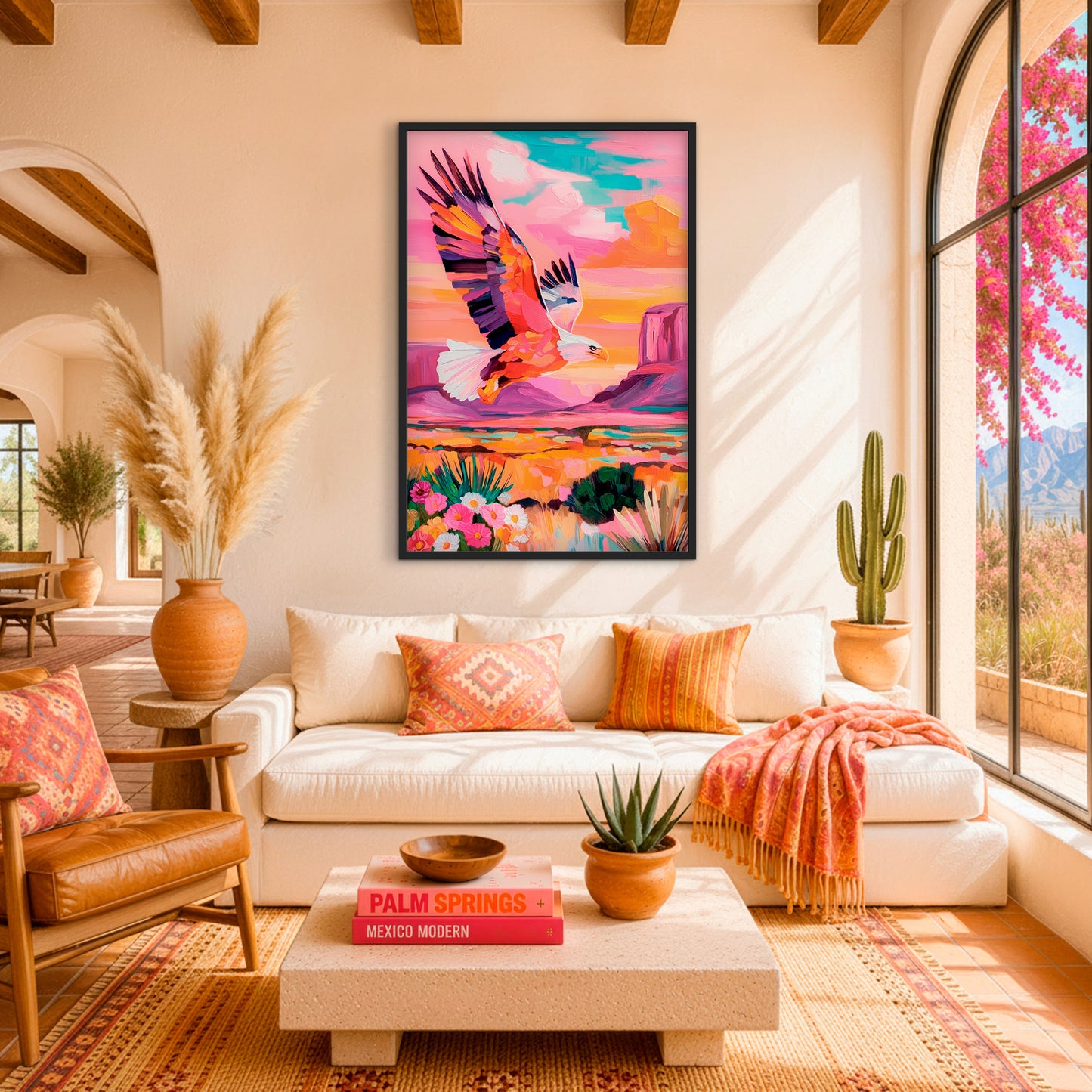 Framed colorful eagle wall art displayed above a sofa in a boho southwestern living room with cactus and warm desert decor