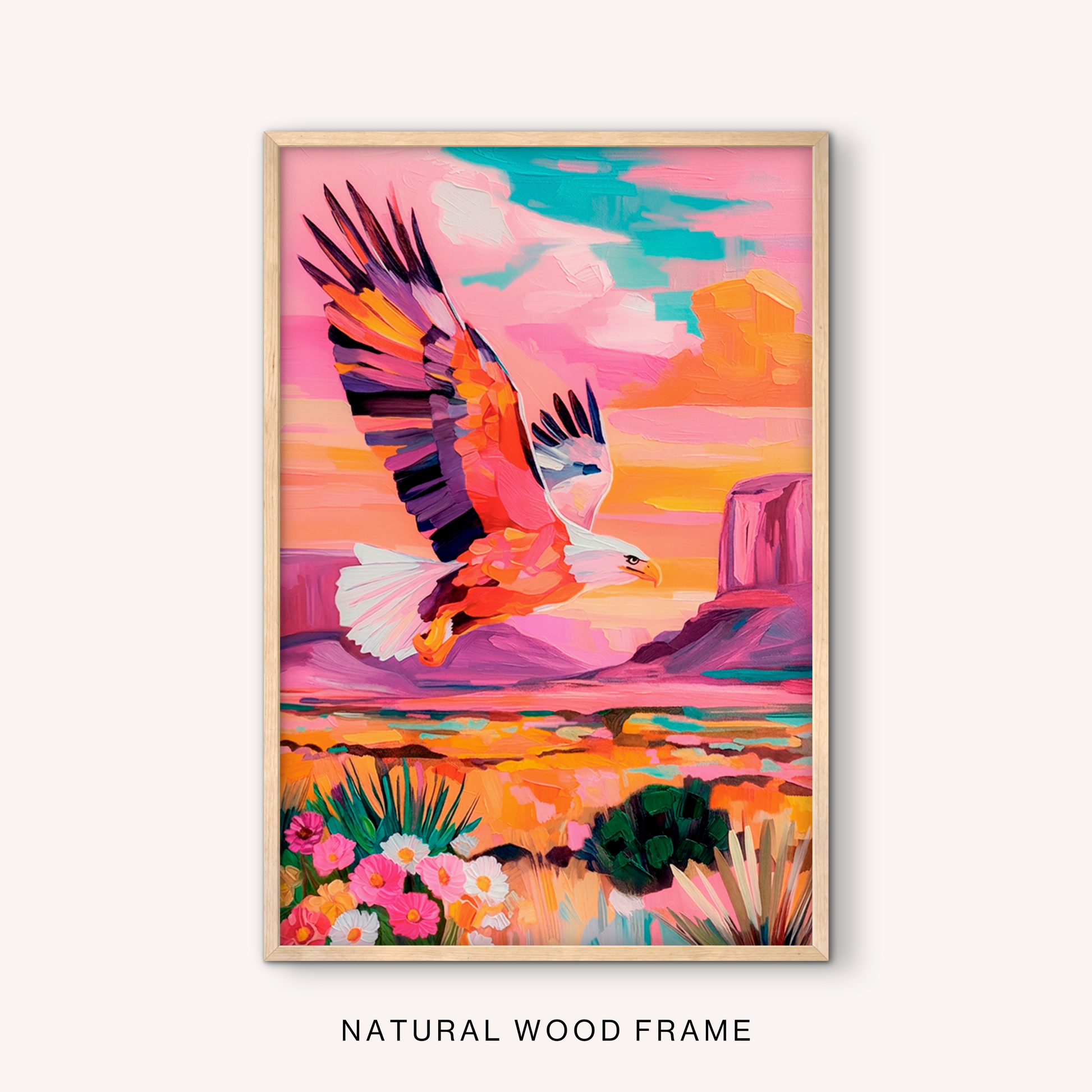 Colorful eagle wall art in natural wood frame on white background with bright western wildlife artwork