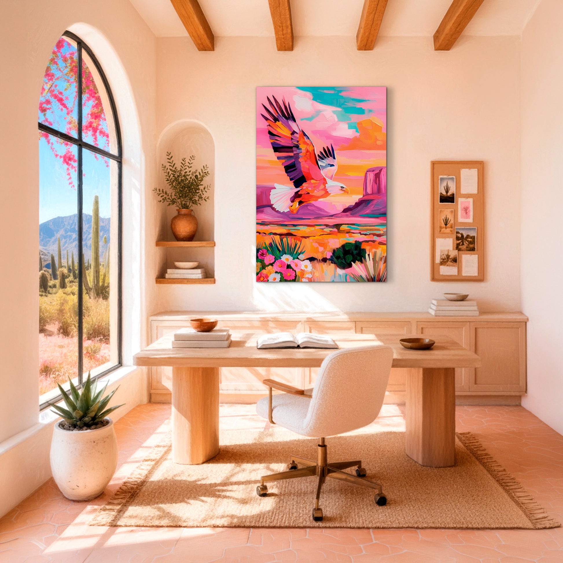 Colorful eagle canvas wall art styled in a bright southwestern office with desert views and warm modern decor