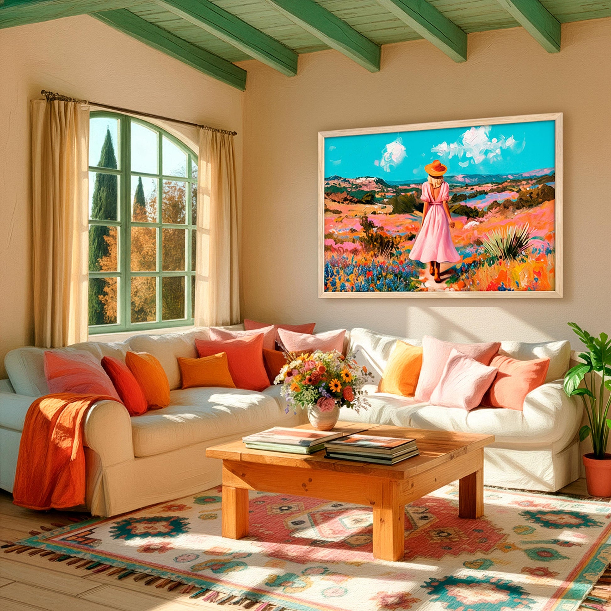 Framed western landscape art print above a neutral sofa in a bright living room, featuring a woman in a pink dress walking through a colorful wildflower field