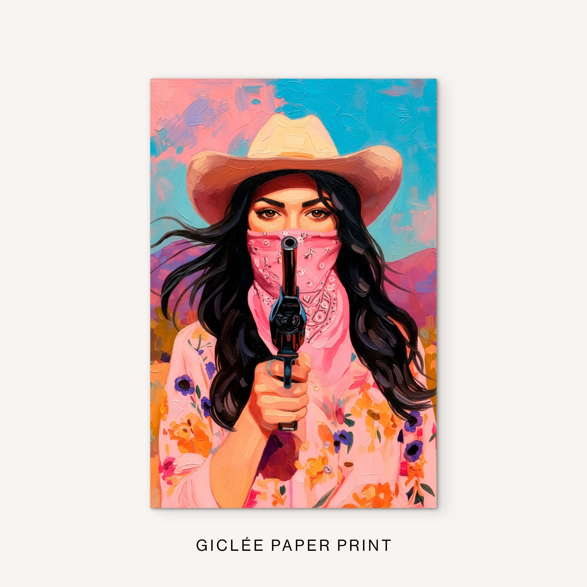 Western bandita giclée print featuring a colorful cowgirl outlaw portrait, pink face covering, cowboy hat, floral shirt, and bright southwest tones.