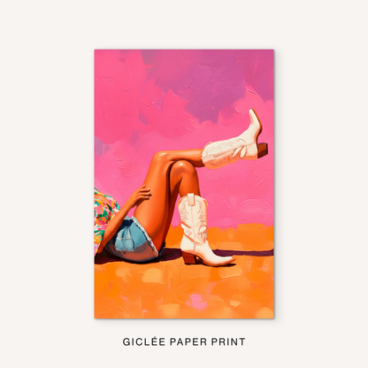Western boots giclée print featuring white cowgirl boots, bright pink and orange tones, painterly texture, and playful ranch-inspired style.