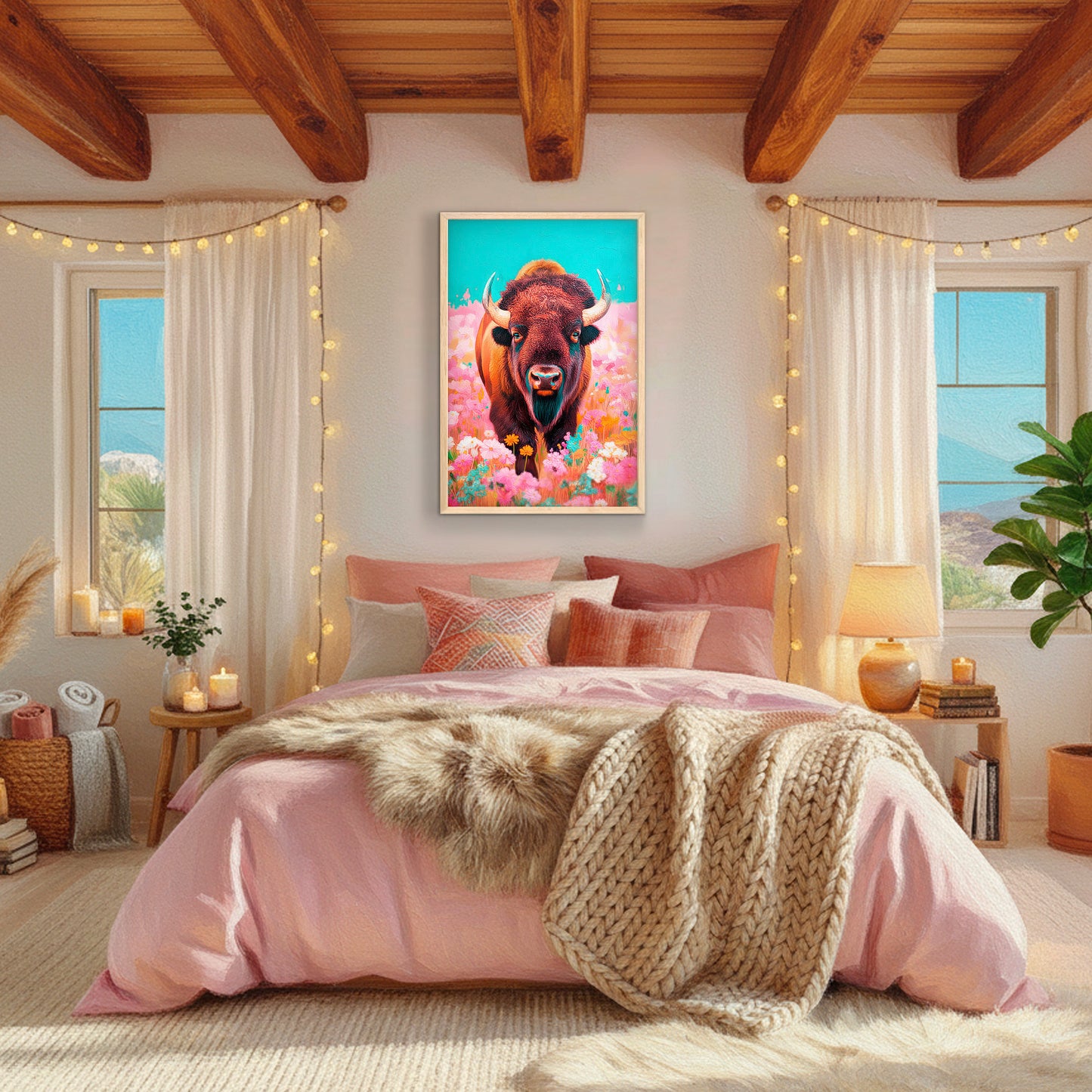 western buffalo wall art above bed, pink boho bedroom with colorful bison print and cozy modern decor