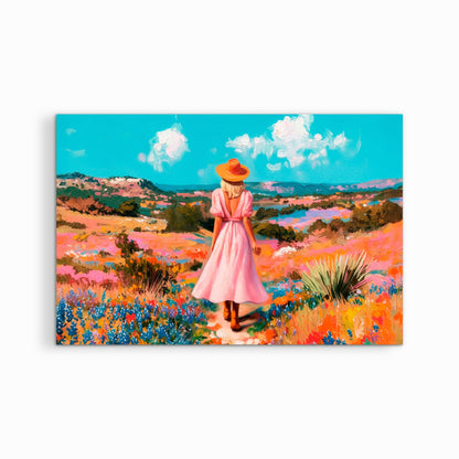 Western landscape canvas print featuring a woman in a pink dress walking through a colorful wildflower field under a blue sky