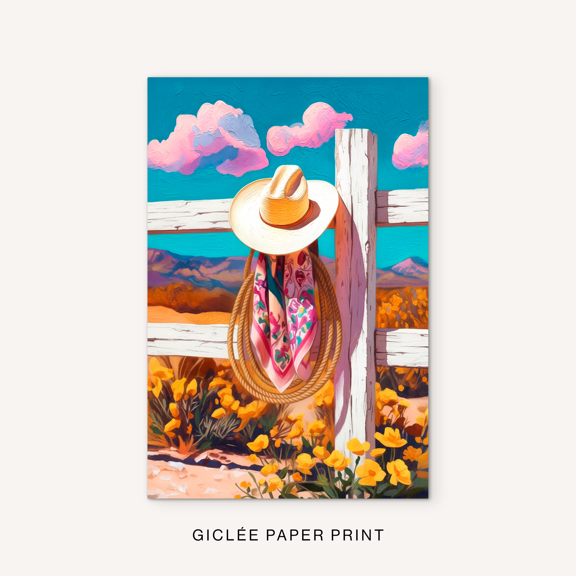 Western cowboy hat giclée print featuring a white ranch fence, floral scarf, coiled rope, yellow desert flowers, and mountain landscape.