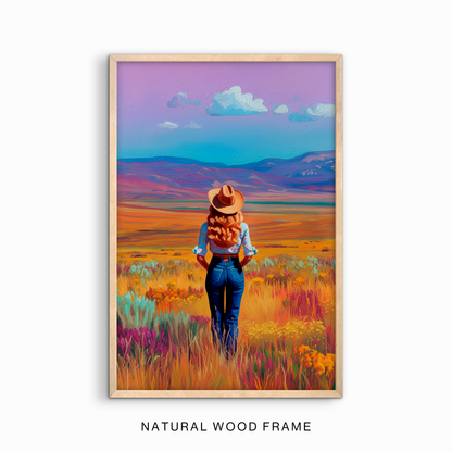 Colorful western landscape art print in a natural wood frame.