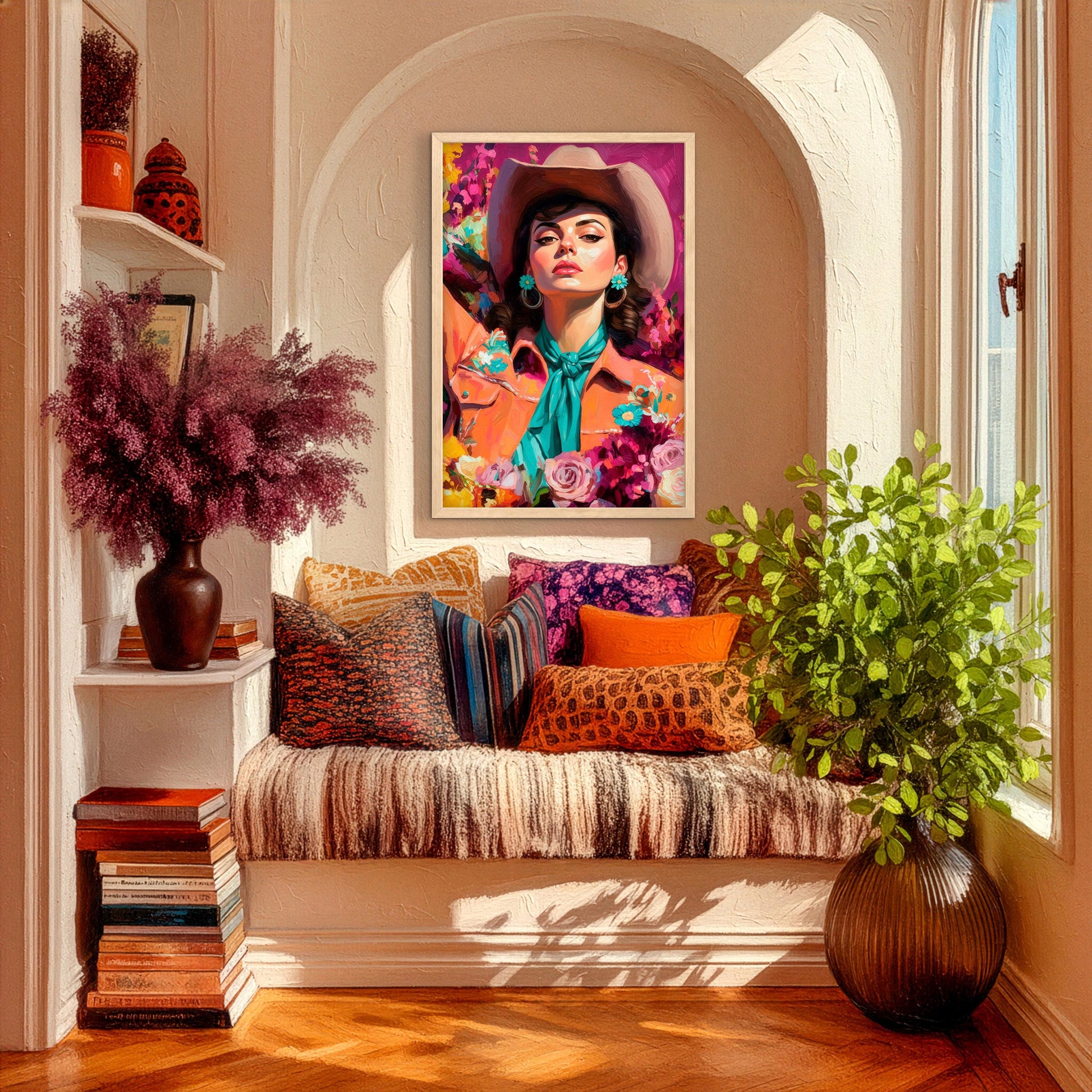 Framed western cowgirl portrait artwork displayed in cozy arched wall reading nook with warm neutral decor and colorful pillows