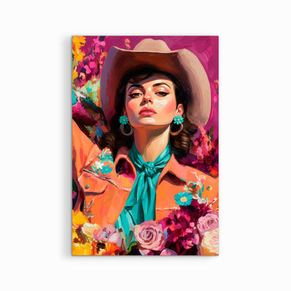Western cowgirl portrait artwork printed on canvas isolated on white background