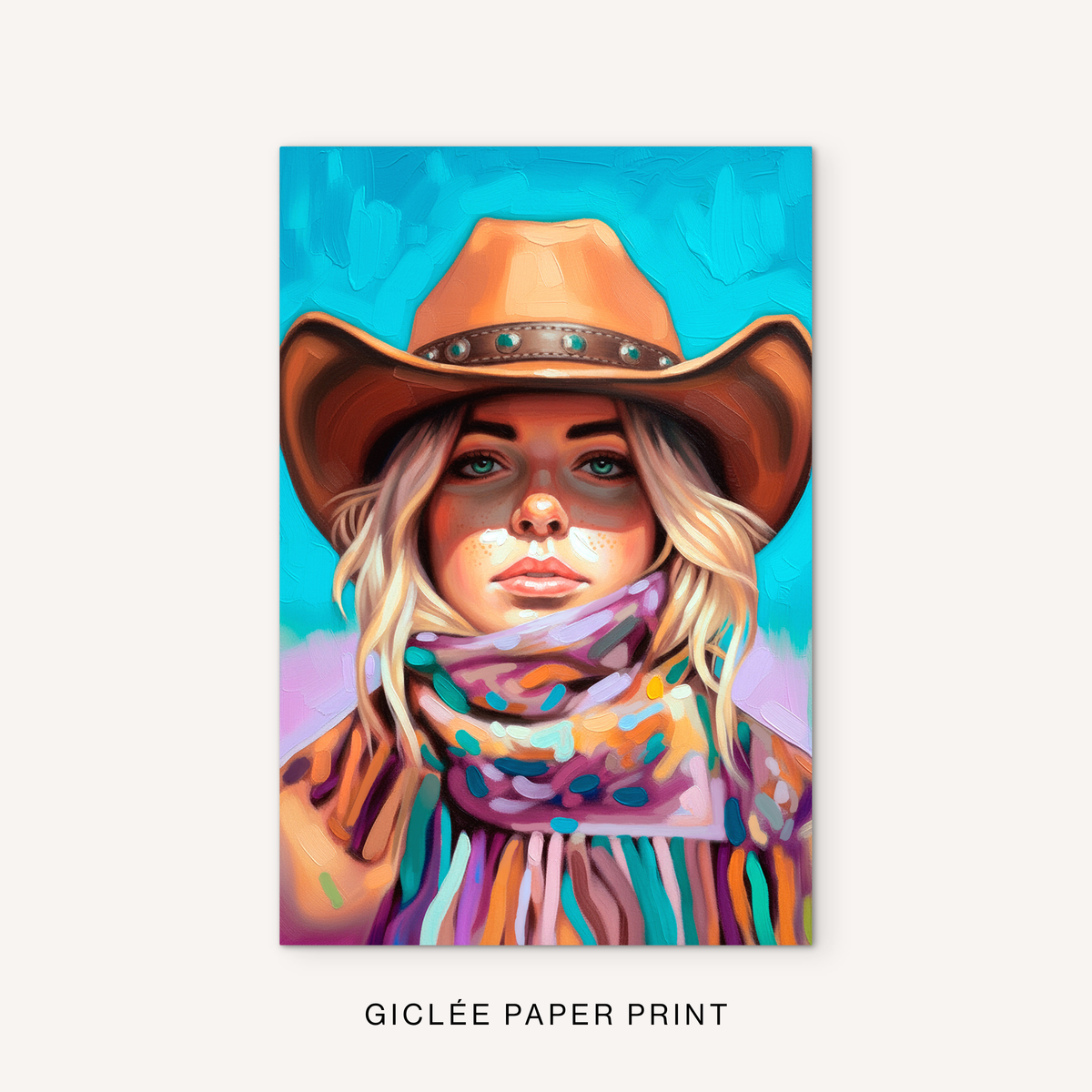 Western cowgirl giclée print featuring a blonde cowgirl portrait, brown cowboy hat, colorful scarf, turquoise background, and bright painted details.