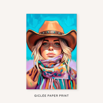 Western cowgirl giclée print featuring a blonde cowgirl portrait, brown cowboy hat, colorful scarf, turquoise background, and bright painted details.