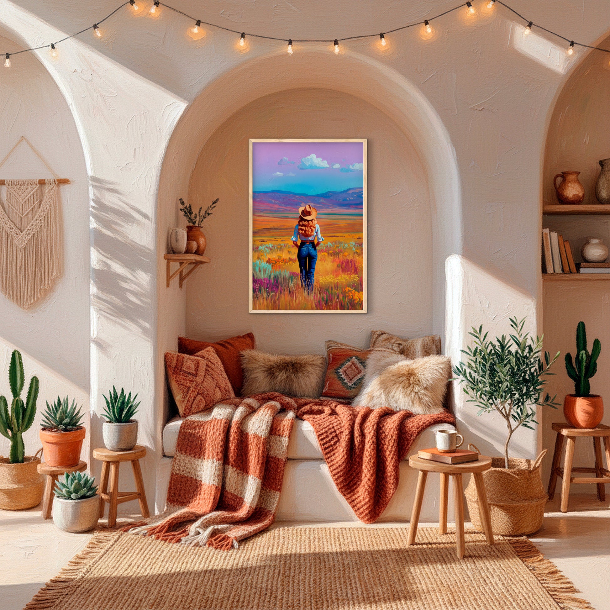 Colorful western cowgirl wall art displayed in a warm boho adobe-style living room with desert-inspired decor and earthy textures.