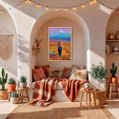 Colorful western cowgirl wall art displayed in a warm boho adobe-style living room with desert-inspired decor and earthy textures.