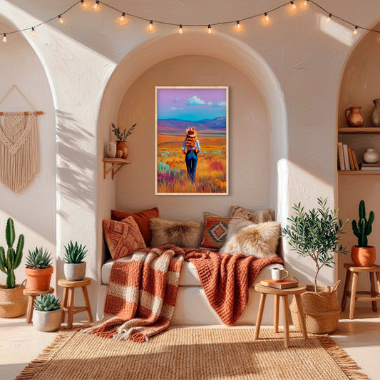 Colorful western cowgirl wall art displayed in a warm boho adobe-style living room with desert-inspired decor and earthy textures.