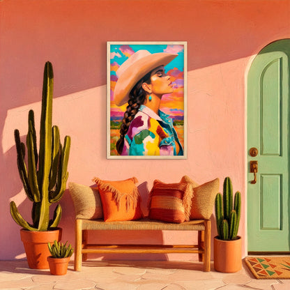 Western cowgirl wall art in a warm desert-inspired entryway with cactus plants, wooden bench, and terracotta tones, southwestern home decor style