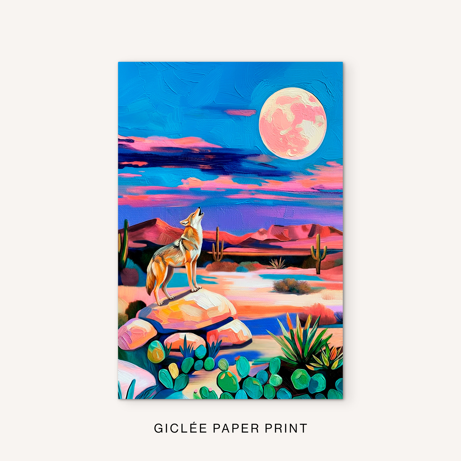 Western coyote giclée print featuring a full moon, colorful desert landscape, cactus scenery, and bright southwestern mountain details.