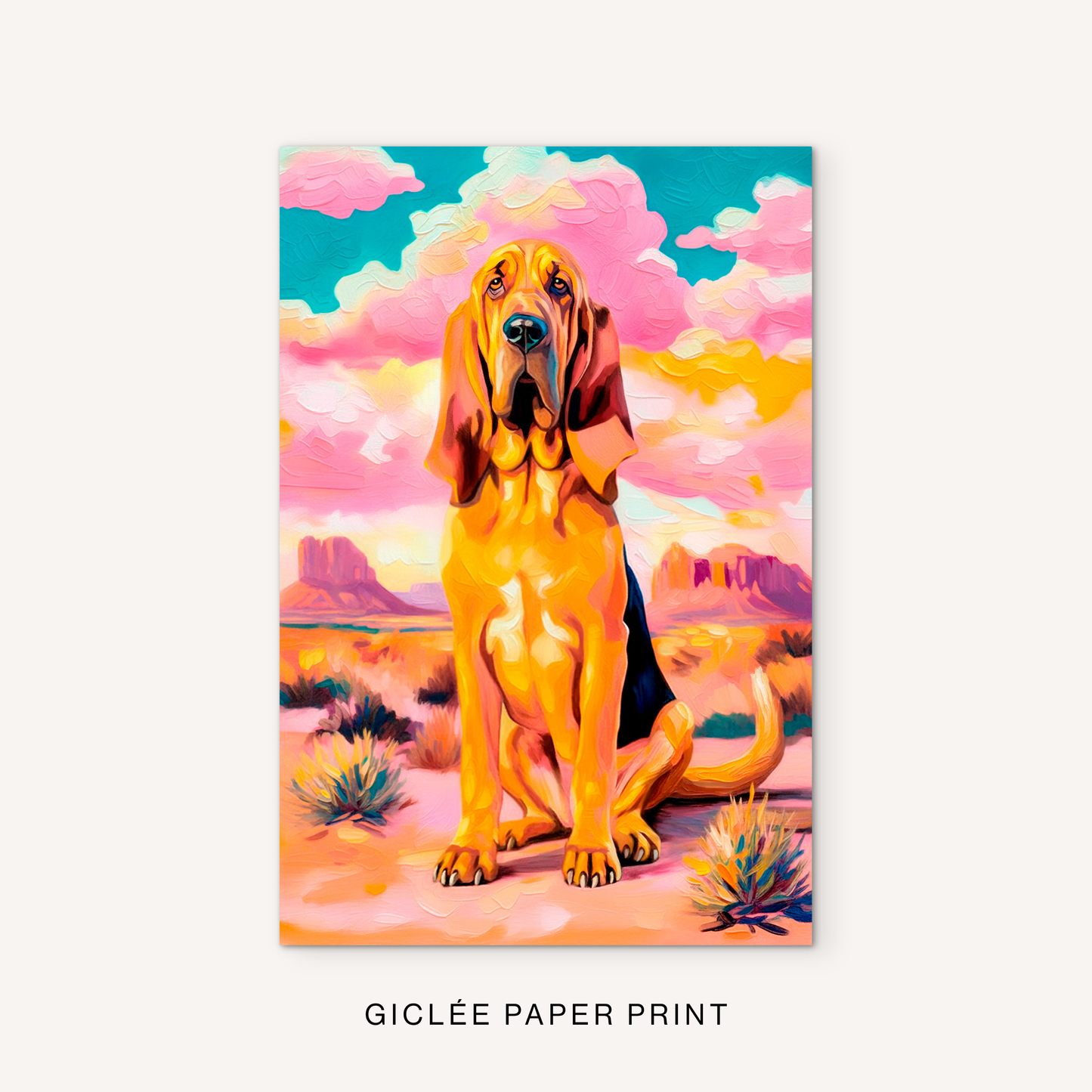 Western dog giclée print featuring a colorful bloodhound, pink desert scenery, distant mesas, and bright southwest landscape details.