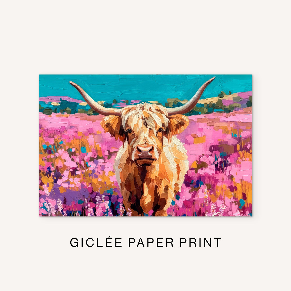 Western Highland cow giclée print featuring a colorful ranch animal, long horns, pink wildflower field, and bright southwest landscape details.