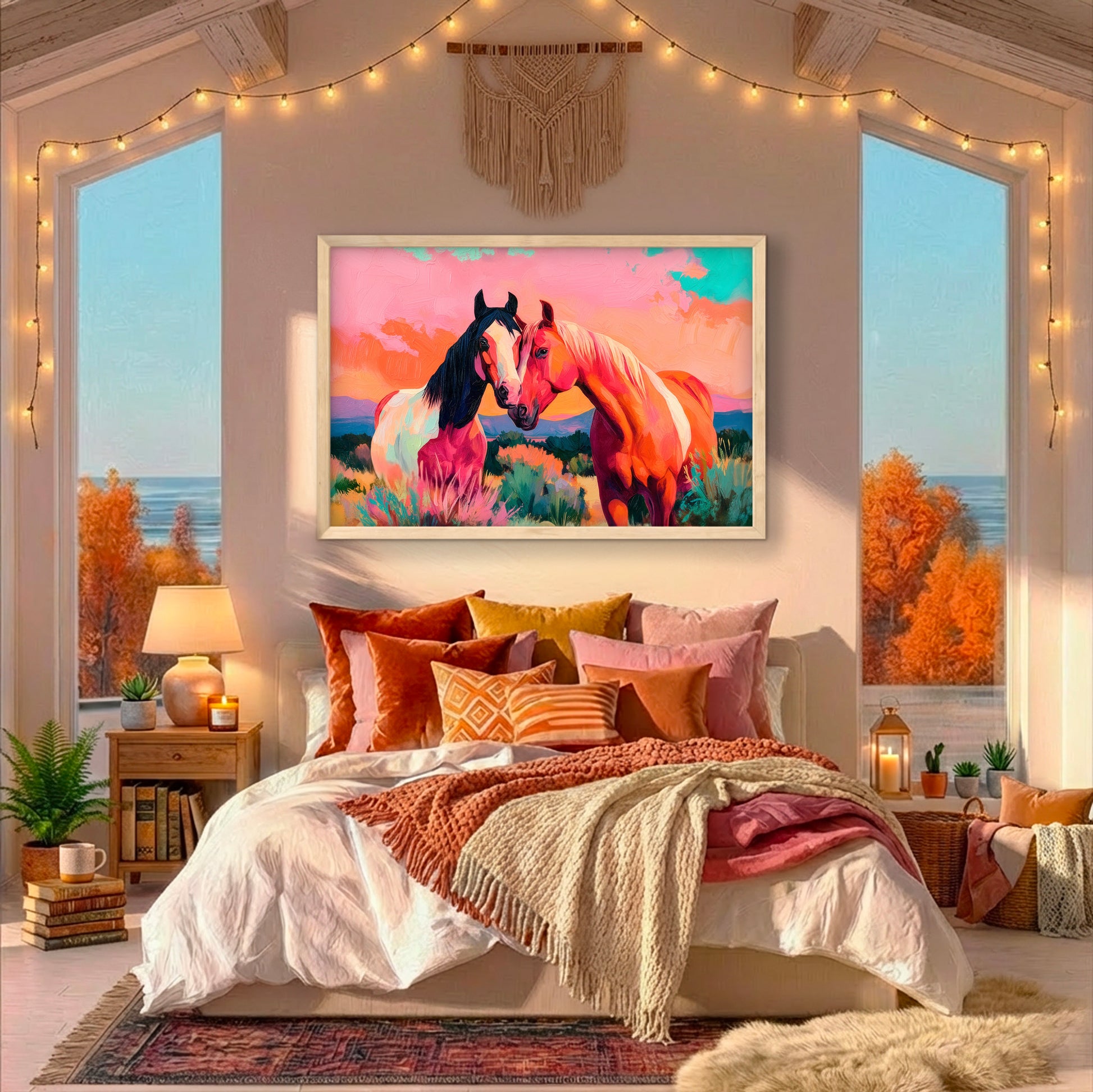 Framed western horse painting above bed in warm neutral bedroom, colorful desert sunset artwork with pink and orange tones styled in modern boho space