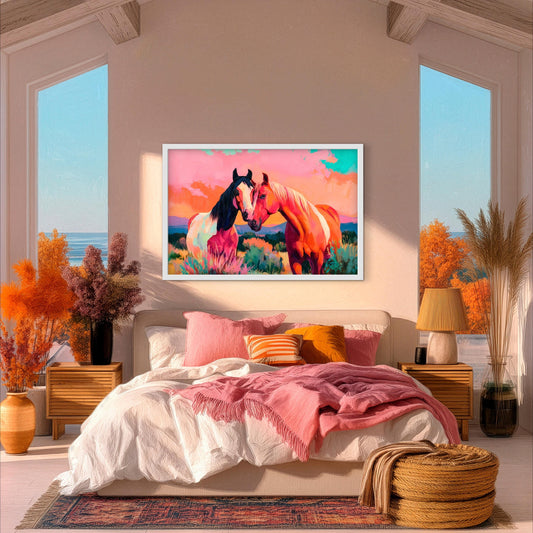 Framed western horse painting above bed in warm neutral bedroom, colorful desert sunset artwork with pink and orange tones styled in modern boho space