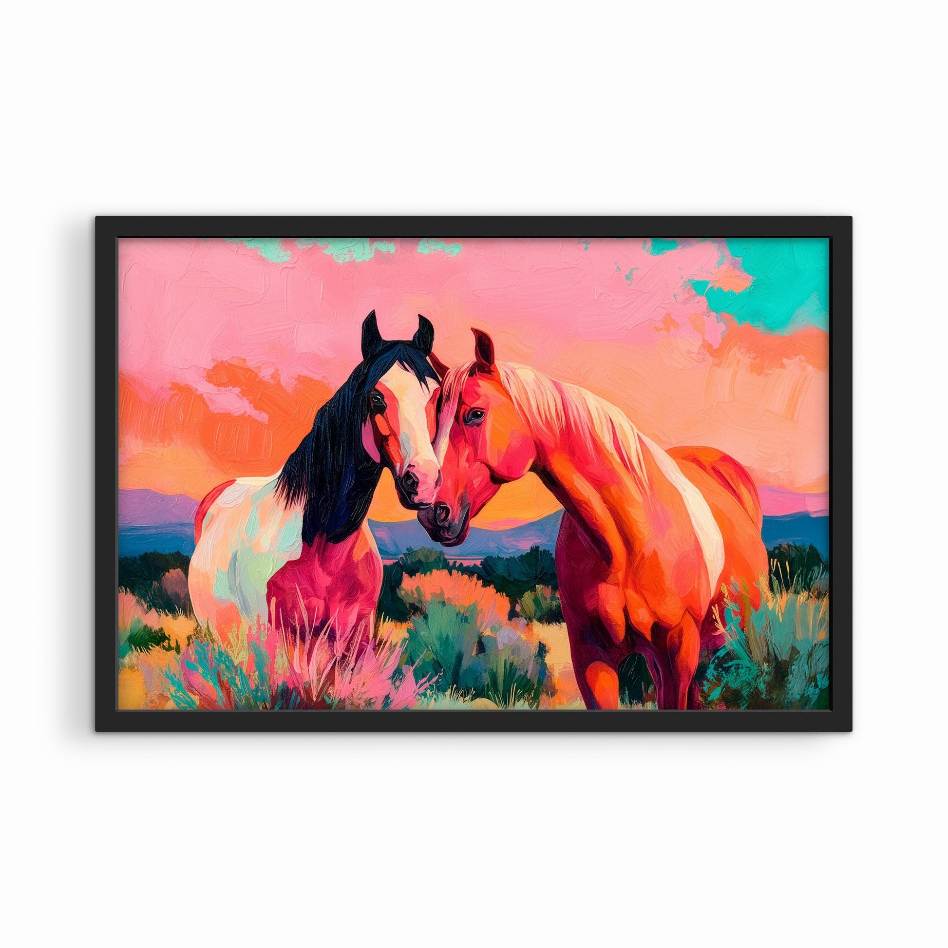 Western horse painting in black frame, vibrant desert sunset artwork with two horses modern western decor