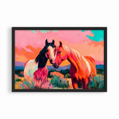 Western horse painting in black frame, vibrant desert sunset artwork with two horses modern western decor