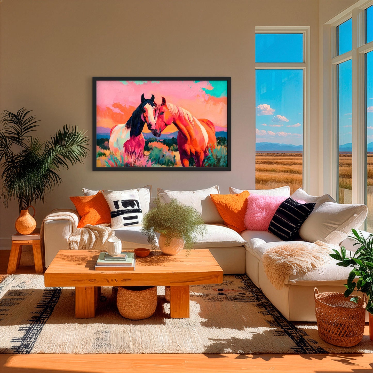 Large framed western horse painting in bright living room, colorful desert landscape artwork with nuzzling horses styled in modern southwestern home
