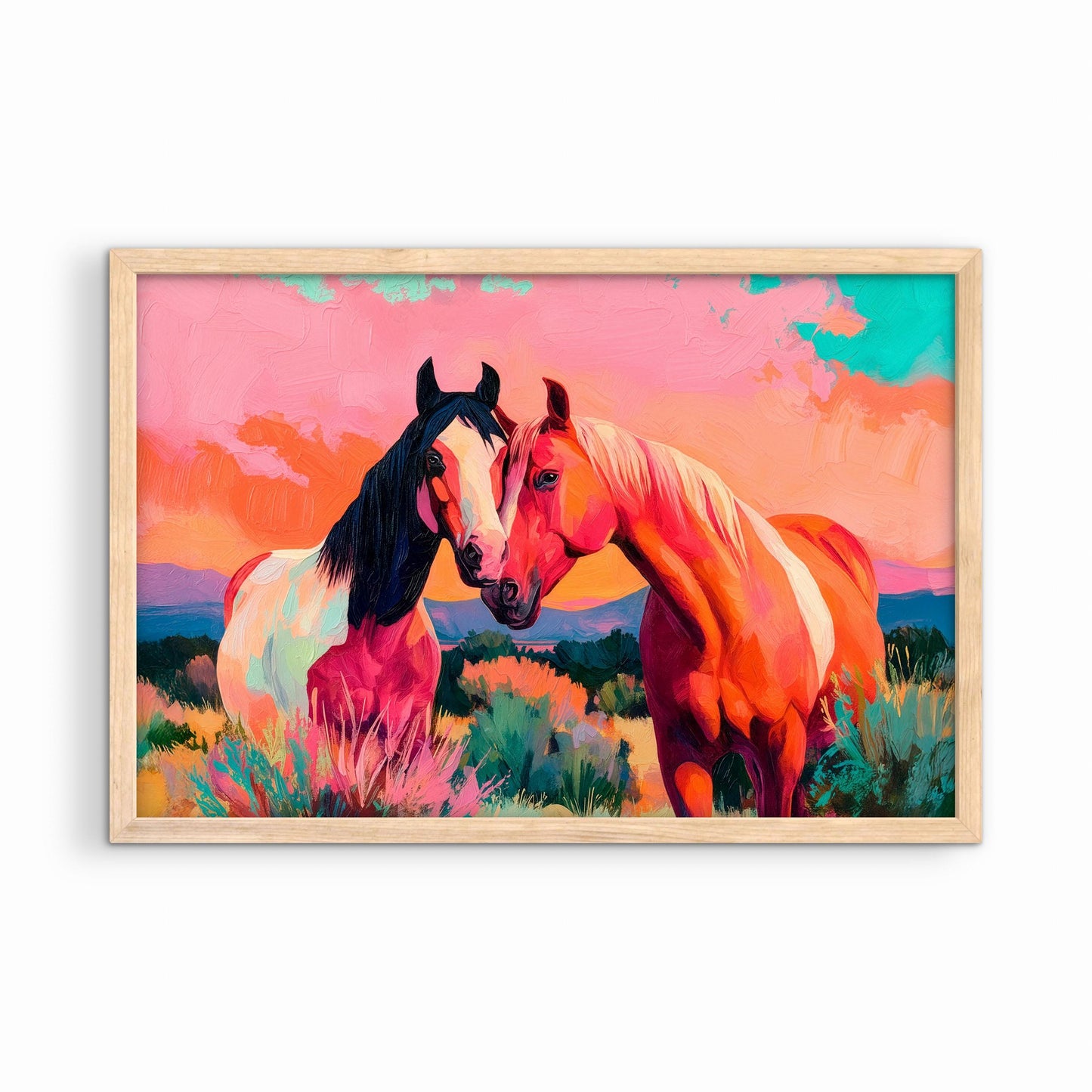 Western horse painting framed in natural wood frame, colorful desert sunset artwork with two horses