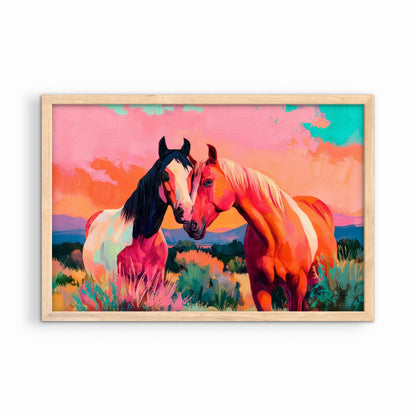 Western horse painting framed in natural wood frame, colorful desert sunset artwork with two horses