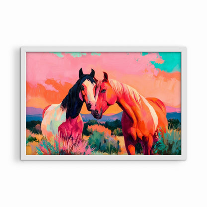 Western horse painting in white frame, colorful desert landscape artwork with nuzzling horses
