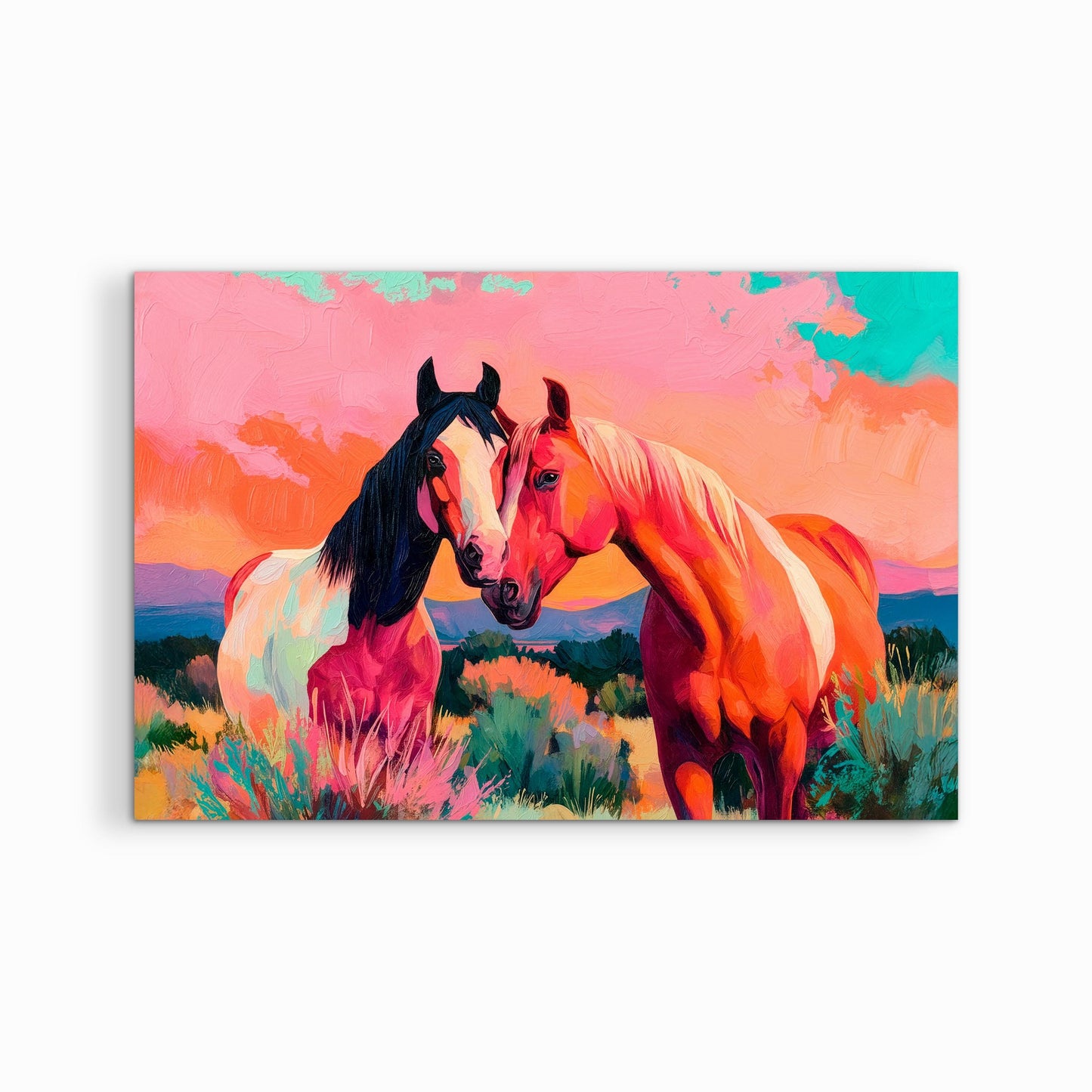 Colorful western horse canvas print with desert sunset scene, two nuzzling horses on gallery-wrapped canvas