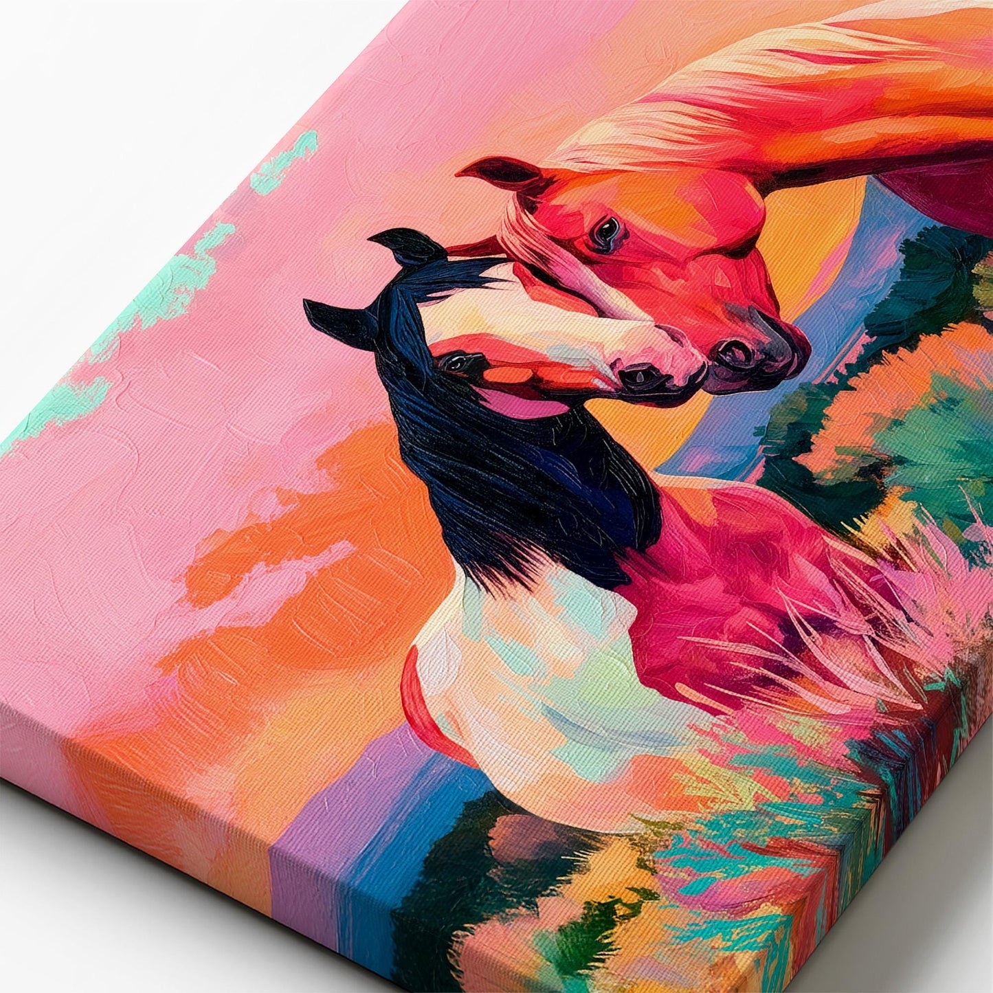 Close-up of canvas texture for colorful western horse painting, visible brush strokes and fine art print detail