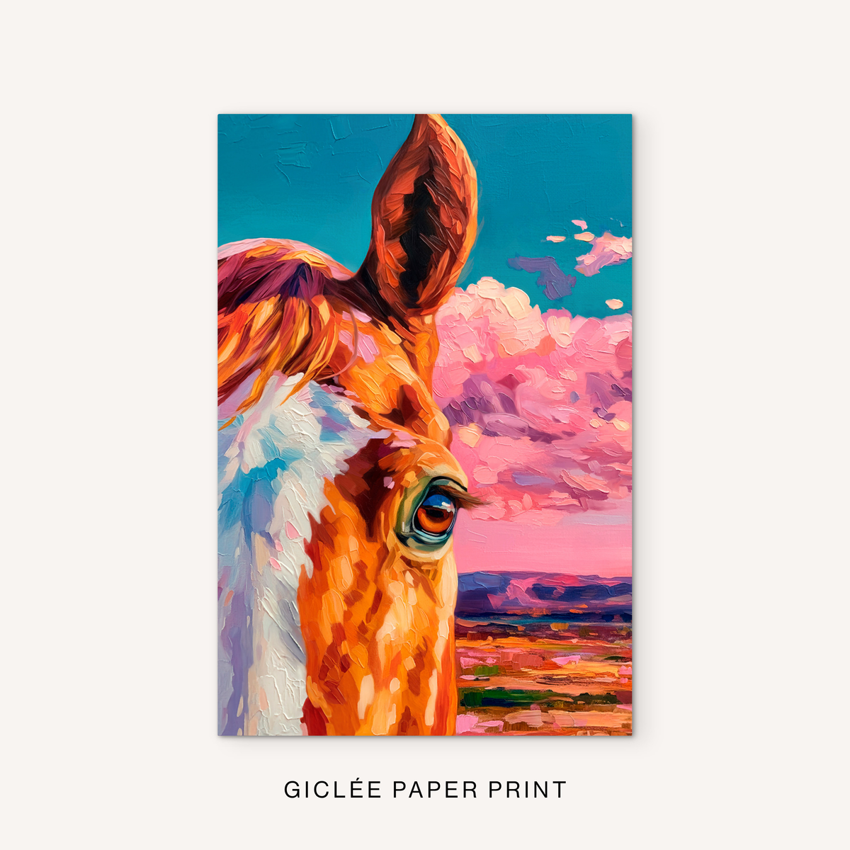 Western horse giclée print featuring a colorful ranch animal portrait, pink desert sky, turquoise clouds, and bright southwest scenery.