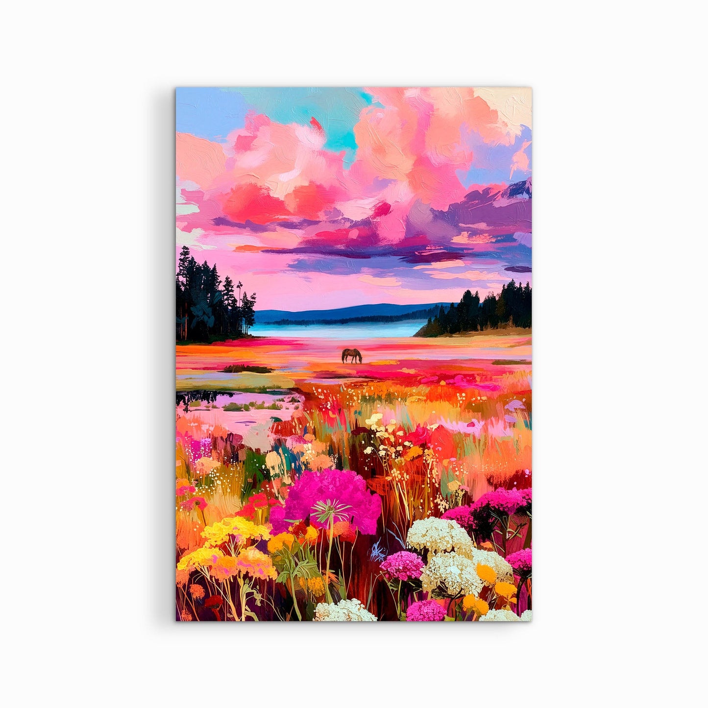 Colorful western horse landscape artwork printed on canvas isolated on white background